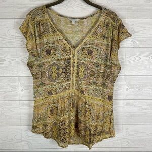 Lucky Brand Gray and Yellow Ruffled Cap Sleeve Blouse